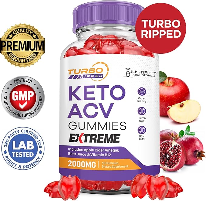 (5 Pack) Turbo Ripped Keto ACV Gummies Extreme 2000MG Turbo Ripped Keto Gummies Apple Cider Vinegar Formulated with Pomegranate Beet Juice Powder B12 Vegan Non GMO 300 Gummys