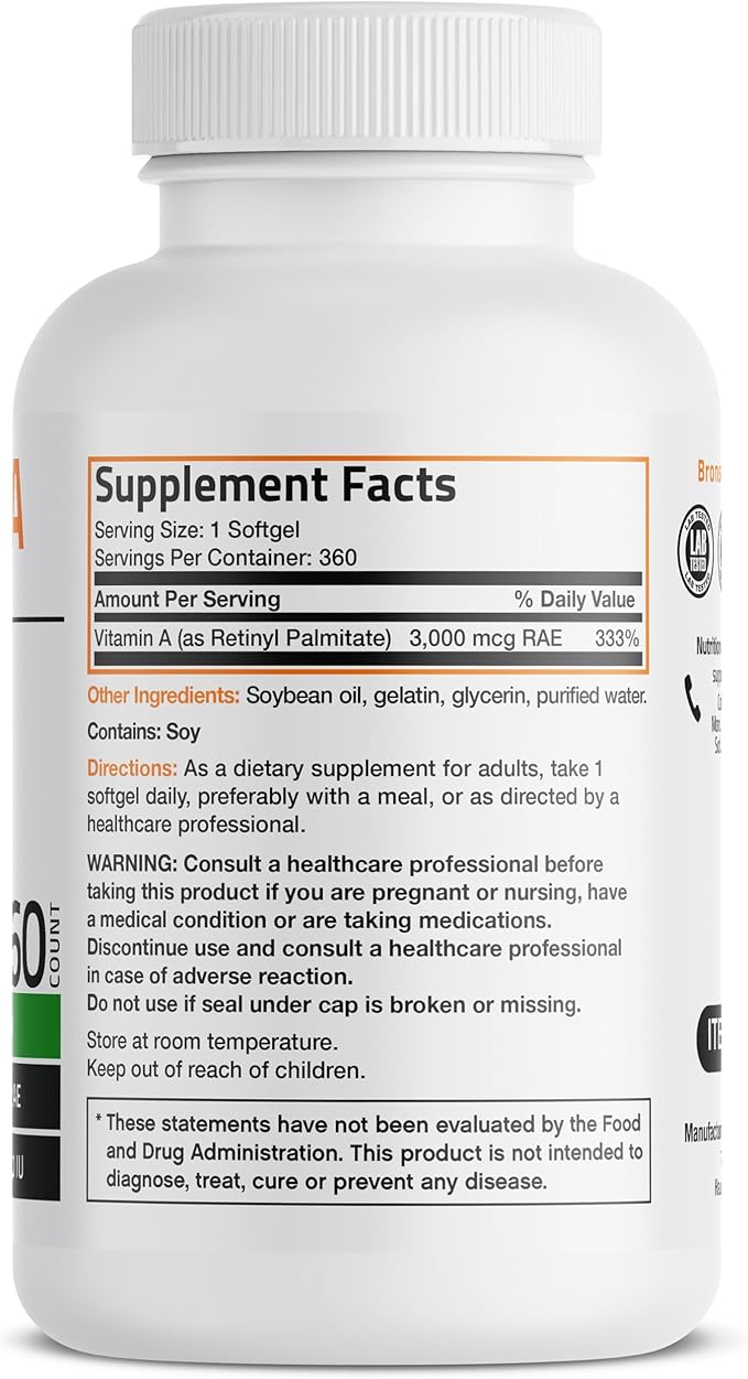Bronson Vitamin A 10,000 IU Premium Non-GMO Formula Supports Healthy Vision & Immune System and Healthy Growth & Reproduction, 360 Softgels