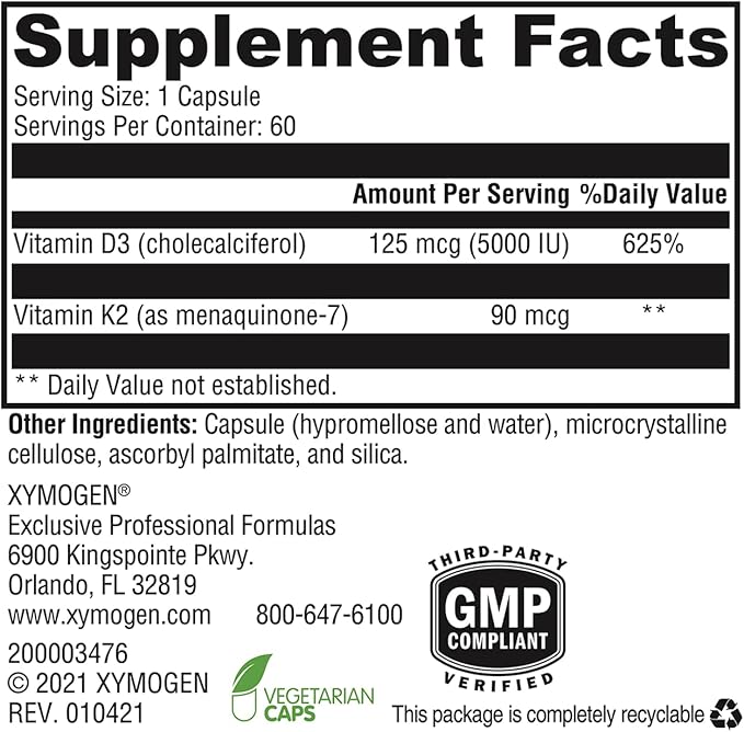 XYMOGEN K2-D3 5000 - Vitamin D3 K2 - Bioavailable Vitamin D 5000 IU (Cholecalciferol) with MK-7 - Heart, Arterial, Bone Health + Immune Support Supplement (60 Capsules)