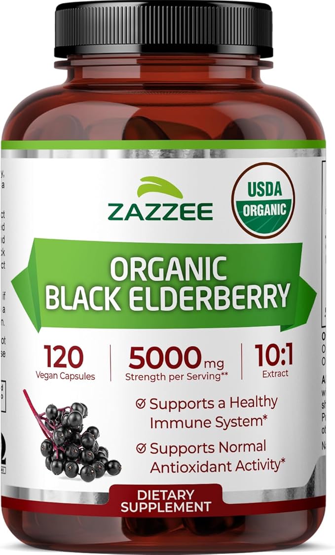Zazzee USDA Organic Black Elderberry 10:1 Extract, 5000 mg Strength, 120 Vegan Capsules, 2 Month Supply, Standardized, Concentrated 10X Extract, 100% Vegetarian, All-Natural, Non-GMO, Made in The USA