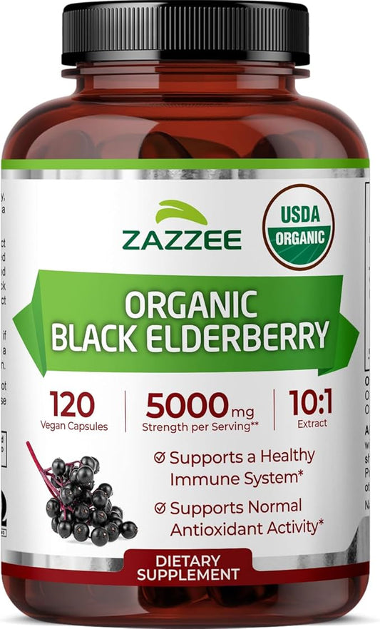 Zazzee USDA Organic Black Elderberry 10:1 Extract, 5000 mg Strength, 120 Vegan Capsules, 2 Month Supply, Standardized, Concentrated 10X Extract, 100% Vegetarian, All-Natural, Non-GMO, Made in The USA