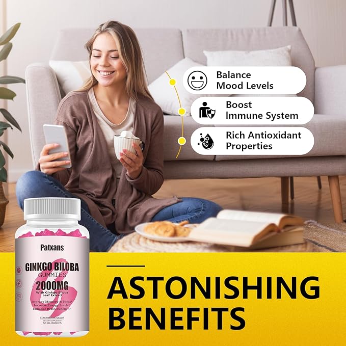 2 Packs 2000mg Ginkgo Biloba Gummies - Ginkgo Biloba Supplements for Brain Health Support, Improve Mood and Focus, Energy, Adult, Strawberry Flavor, 120 Count