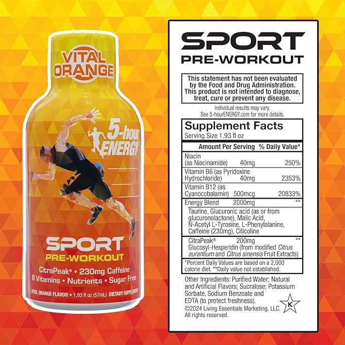 5-Hour Energy Extra Strength Sport Shots with Citrapeak, Vital Orange Flavor, Pre-Workout, 24 Count (1.93 fl oz)