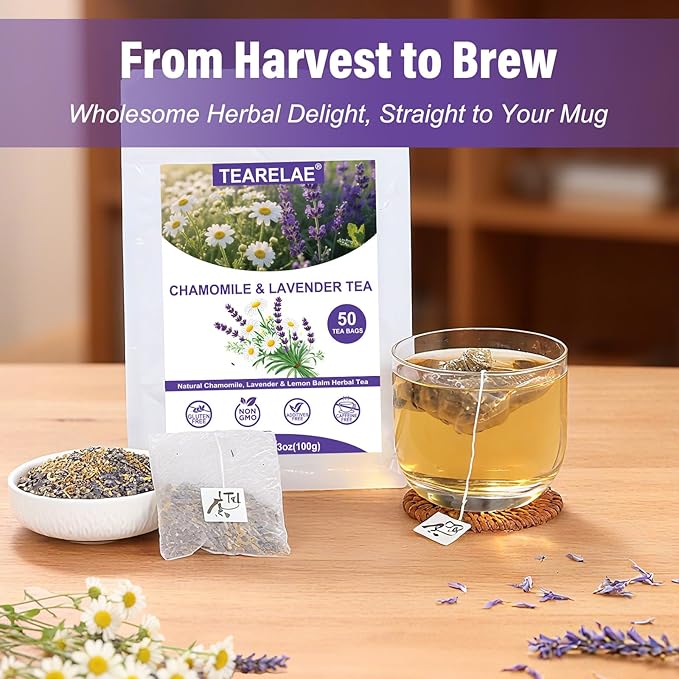 TEARELAE - Chamomile Lavender Tea, 50 Herbal Tea Bags with Lemon Balm for Relaxation & Bedtime - Non-GMO - Caffeine-Free - Floral & Soothing