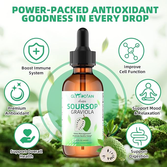 Soursop Graviola Liquid Drops：Soursop Bitters Liquid 1800mg Organic Soursop Leaves Extract with Zinc Vitamins Immune Digestive Skin Health Cell Support Vegan Natural Flavor 2 Fl Oz