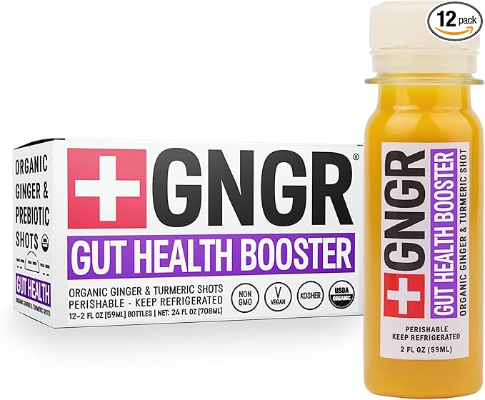 +GNGR Gut Health Booster – Prebiotic and Probiotic for Women & Men - Digestive Health, Immune Support, Bloating & Constipation Relief | Organic Ginger Shot with Apple Cider Vinegar 2 fl oz (12-Pack)