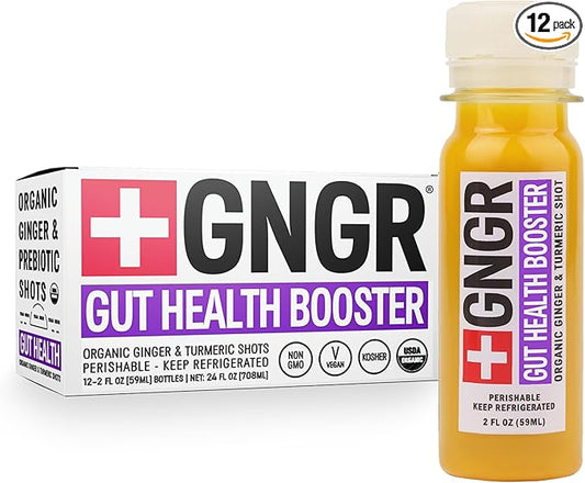 +GNGR Gut Health Booster – Prebiotic and Probiotic for Women & Men - Digestive Health, Immune Support, Bloating & Constipation Relief | Organic Ginger Shot with Apple Cider Vinegar 2 fl oz (12-Pack)