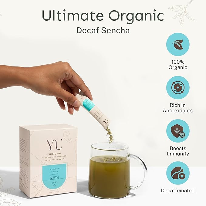 Yu Tea Decaf Organic Sencha Green Tea Powder, 30 Instant Packets | Rich in Antioxidants, EGCG, & L-Theanine | Pure Japanese First Harvest Leaf | Caffeine-Free & Unsweetened | Single Serve Sticks