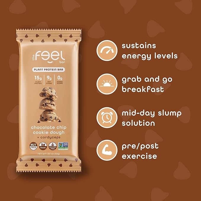 Feel Vegan Protein Bars, Balance, Cordyceps, 15g Protein, Adaptogenic Snack, Organic, Low Carb, Gluten Free, Dairy, Nut, Grain, Soy Free, Cookie Dough, 10 Pack