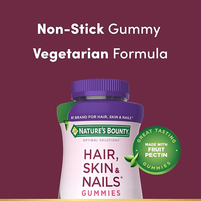 Nature's Bounty Optimal Solutions Advanced Hair, Skin and Nails Pectin Gummies, 2X Biotin Per Serving, No Stick Gummy, Vegetarian Formula, Strawberry Flavor, 200 ct, 100 Total Servings (Pack of 3)