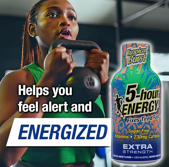 5-hour ENERGY Shots Extra Strength, Tropical Burst Flavor, 30 Count, 1.93 Fl Oz, Sugar Free, Zero Calories, Amino Acids and Essential B Vitamins, Dietary Supplement, Feel Alert and Energized, 230 mg Caffeine