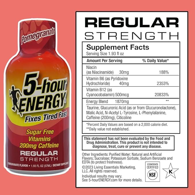 5-hour ENERGY Regular Strength Energy Shot, Pomegranate Flavor, 1.93oz, 20-Pack - Sugar Free