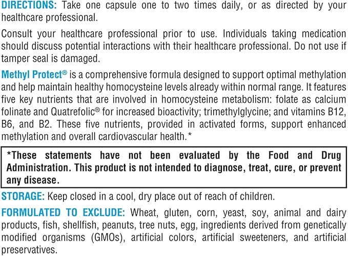 XYMOGEN Methyl Protect - Optimal Methylation Formula with Methyl Folate, Vitamin B12 (Methylcobalamin b12), Riboflavin + B6 Vitamins - Cognitive, Homocysteine + Heart Health Supplements (60 Capsules)