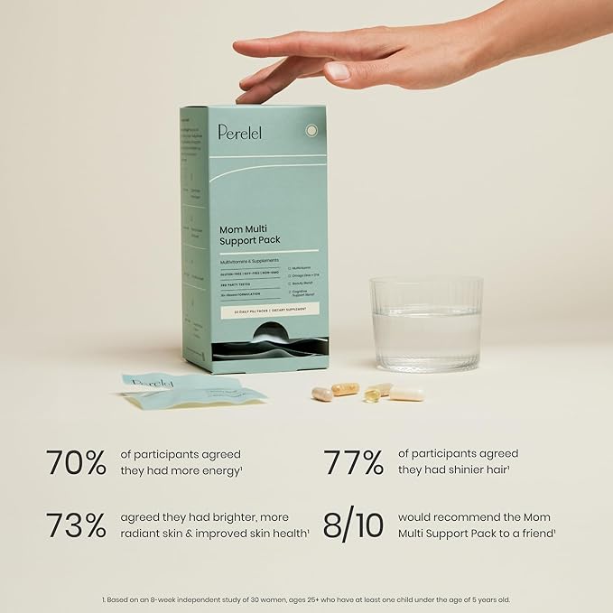 Perelel Mom Multi Support Pack, Postnatal Vitamins for Women with Omega 3 Dha, Iron, Collagen, & Vitamin B12 to Support Postpartum Health, Soy & Gluten Free, Non GMO, 30 Daily Pill Packs