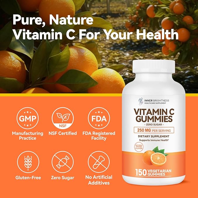 Zero Sugar Vitamin C Gummies 250 mg per Serving, Immune & Antioxidant Support, Natural Orange Flavor, 150 Count, 75 Day Supply, Sugar-Free, Vegetarian Gummies, No Artificial Sweeteners or Flavors