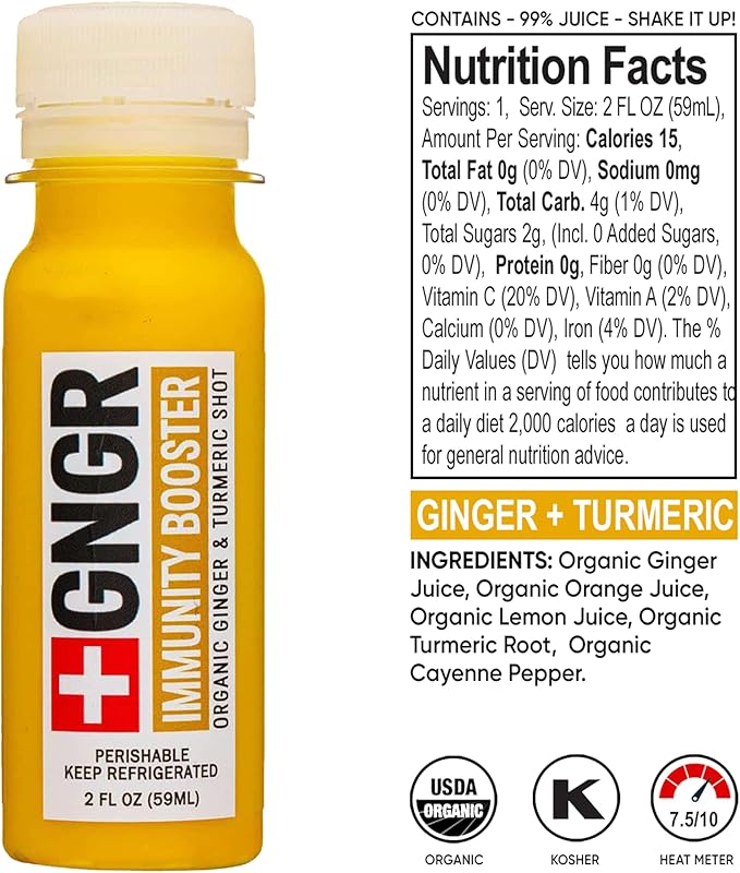 +GNGR Immunity Booster Organic Ginger and Turmeric Shot - Cold Pressed Ginger Shots with Turmeric, Cayenne Pepper, Orange, Lemon for All Natural Immune & Digestive Support 2 fl oz (Pack of 12)