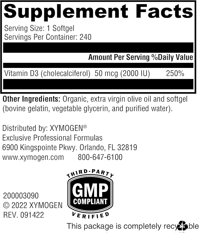 XYMOGEN D3 2000 - Bioavailable Vitamin D3 2000 IU (50 mcg) - High Potency Vitamin D Supplement to Support Immune Health, Bone + Heart Health (240 Softgels)