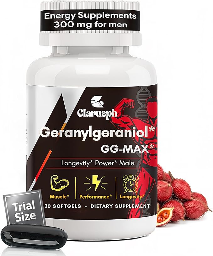 Energy Supplement Geranylgeraniol GG 300mg, Trans-Geranylgeraniol Supplement with Vitamin E for CoQ10, Annatto-Derived GG - Energy Supplements for Men, 30 Softgels