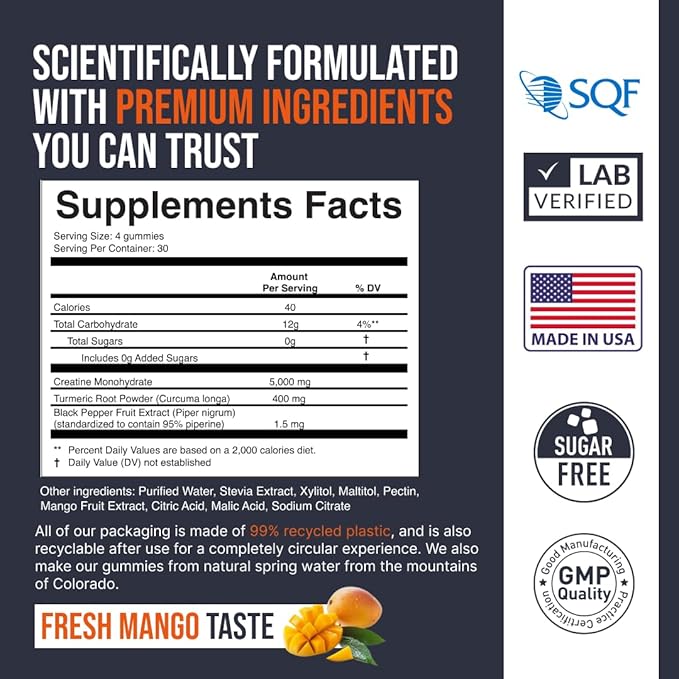 2 Pack Creatine Monohydrate Gummies 5000 mg, Fresh Mango Flavor, 120 Sugar-Free Vegan Chews, Creatine Supplement for Daily Routine