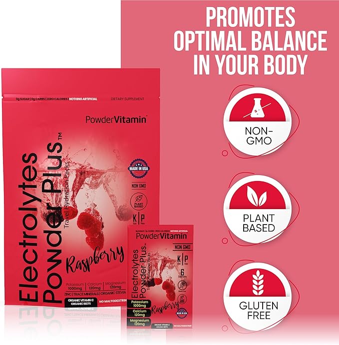 PowerVitamin Electrolytes Powder Packets - Raspberry - Keto Electrolytes for Daily Energy - Hydration Powder with 1000mg Potassium, 120mg Magnesium, Zero Calories - 30 Hydration Packets