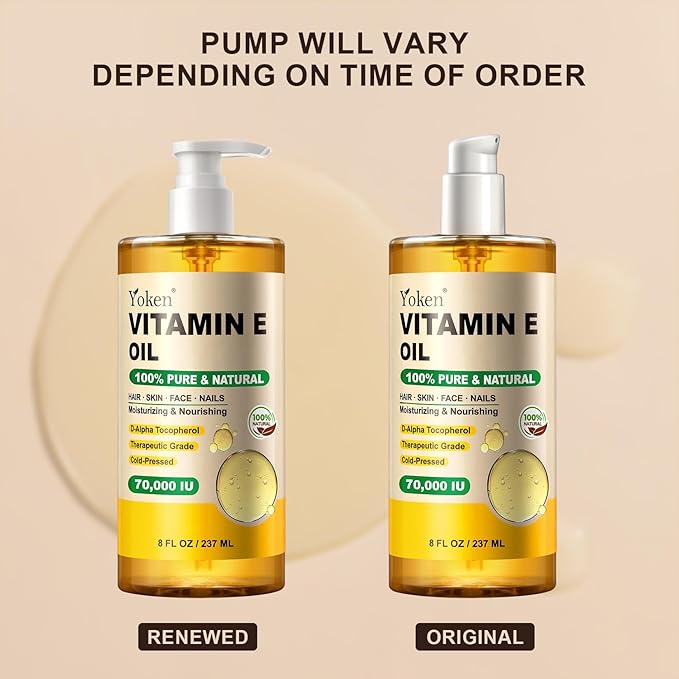 Yoken Vitamin E Oil 8 Fl Oz Organic Vitamin E oil for Skin 70,000 IU Vitamine oils for Scars Hair,Face,Nail,Scalp Perfect Bath and Body Oil Cold Pressed Hexane Free Non-GMO Gluten Free Formula