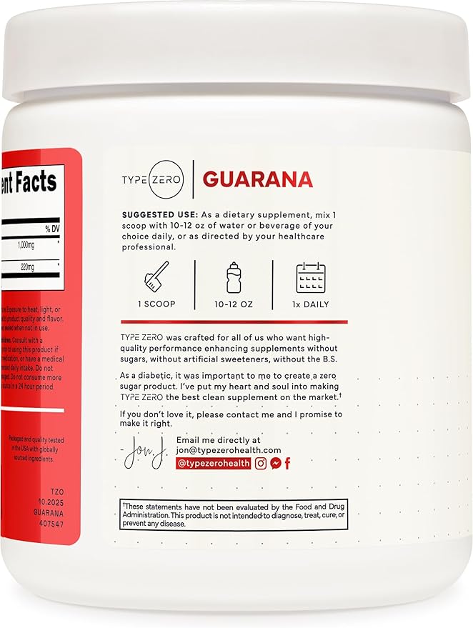 Type Zero Clean Guarana Powder Drink Mix (250 Servings, Unflavored) - 220 MG Caffeine Per Serving, Natural Caffeine, Non GMO, Gluten Free