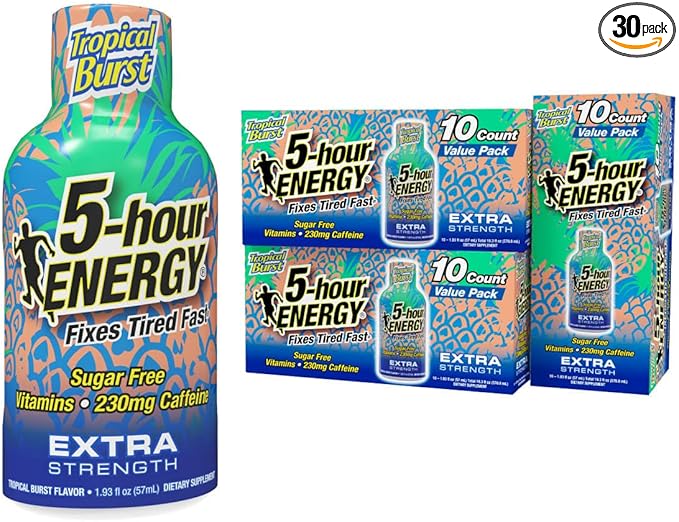 5-hour ENERGY Shots Extra Strength, Tropical Burst Flavor, 30 Count, 1.93 Fl Oz, Sugar Free, Zero Calories, Amino Acids and Essential B Vitamins, Dietary Supplement, Feel Alert and Energized, 230 mg Caffeine