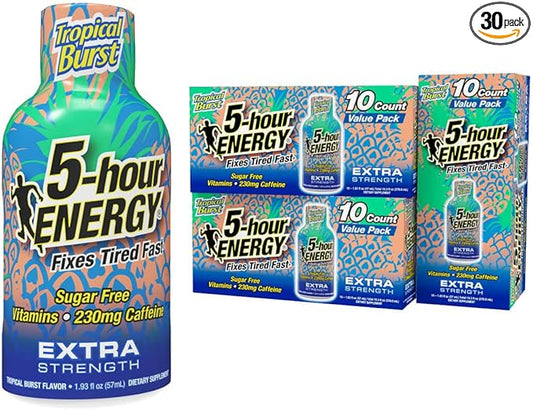 5-hour ENERGY Shots Extra Strength, Tropical Burst Flavor, 30 Count, 1.93 Fl Oz, Sugar Free, Zero Calories, Amino Acids and Essential B Vitamins, Dietary Supplement, Feel Alert and Energized, 230 mg Caffeine