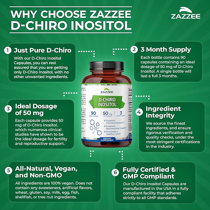 Zazzee D-Chiro-Inositol, 50 mg per Capsule, 90 Vegan Capsules, Ideal Dosage for 40:1 Ratio with Myo-Inositol, 3 Month Supply, 100% Vegetarian, Non-GMO
