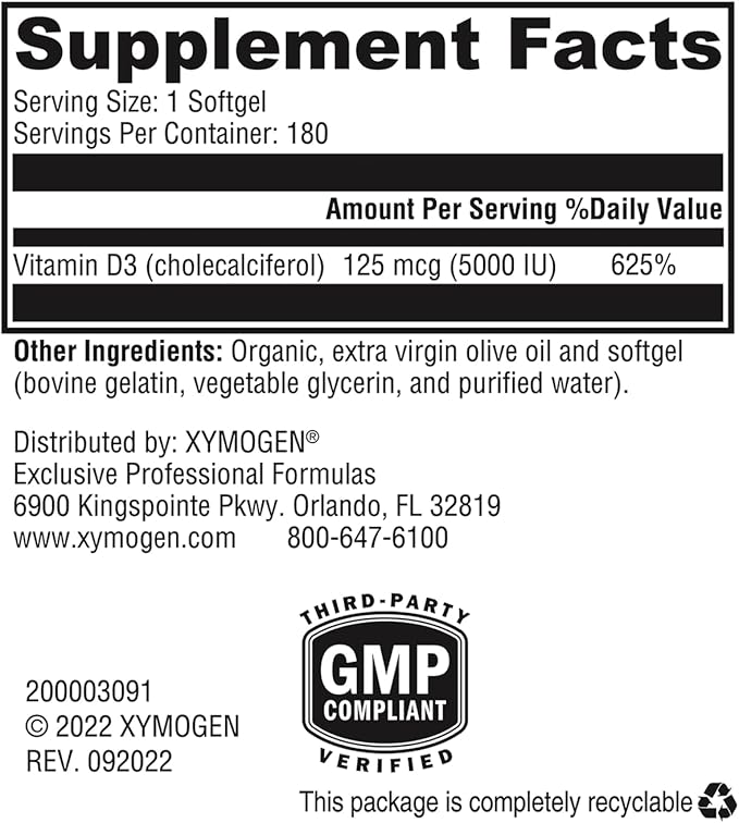 XYMOGEN D3 5000 - Bioavailable Vitamin D3 5000 IU (125 mcg) - High Potency Vitamin D Supplement to Support Immune Health, Bone + Heart Health (180 Softgels)