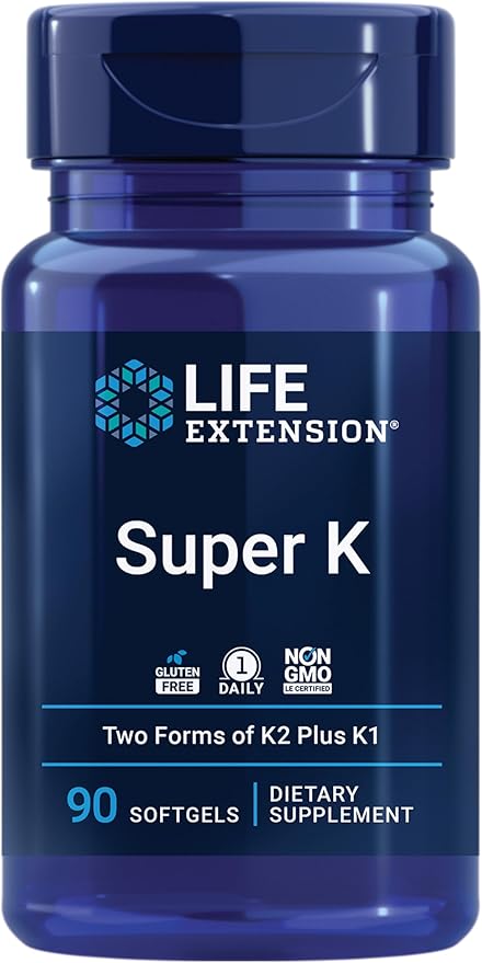 Life Extension Super K, Vitamin K1, Vitamin K2 mk-7, Vitamin K2 mk-4, Heart Health, arterial Health, Calcium Balance, 3-Month Supply, Gluten-Free, 1 Daily, Non-GMO, 90 softgels
