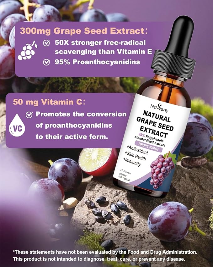 Natural Grape Seed Extract Drops-300 mg Grape Seed Extract Liquid Supplement - Maximum Strength Vitis Vinifera Seed Tincture, Standardized to 95% Polyphenols, Non-GMO, Gluten Free (60ml)