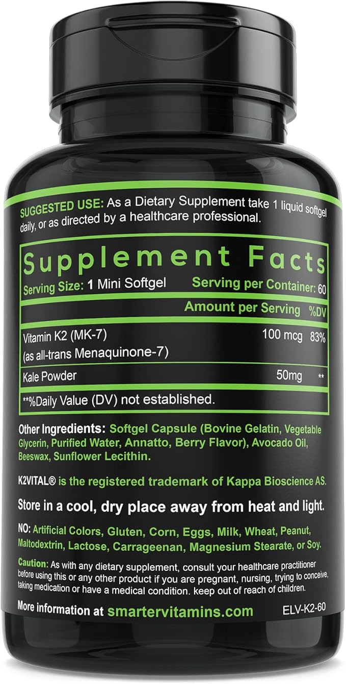 (3 Pack) Smarter Vitamin K2 MK7 100mcg, Made with K2VITAL and Kale, 180 Liquid Softgels