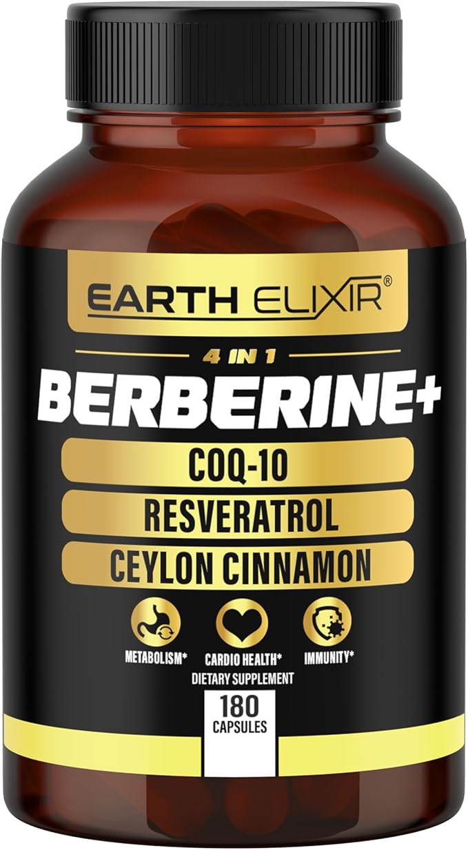 4-in-1 Berberine Supplement 1160mg (180 Caps) w/ 180mg COQ10, 380mg Resveratrol & 120mg of Ceylon Cinnamon –3rd Party Tested– Berberine w/Ceylon Cinnamon Supplements –Max Purity– CO Q 10