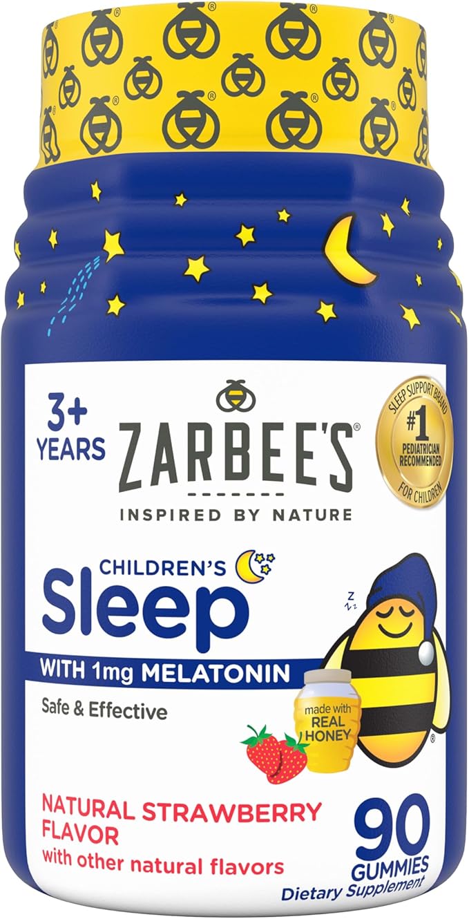 Zarbee's Kids Melatonin Gummies with 1mg Melatonin, Kids Sleep Gummy Works with Natural Sleep Cycles to Promote Peaceful Sleep, Drug-Free, Non-Habit-Forming, Natural Strawberry, 90 ct
