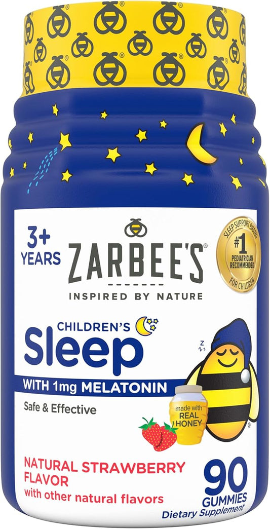 Zarbee's Kids Melatonin Gummies with 1mg Melatonin, Kids Sleep Gummy Works with Natural Sleep Cycles to Promote Peaceful Sleep, Drug-Free, Non-Habit-Forming, Natural Strawberry, 90 ct