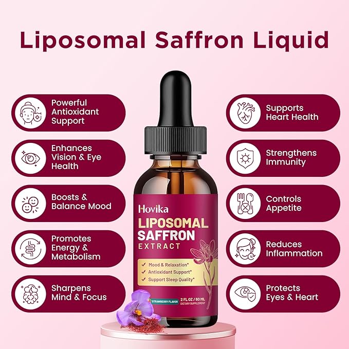 2 Pack Liposomal Saffron Supplements - 88.5mg Saffron Extract Liquid Drops with L-Theanine, Chamomile, Vitamin C, B6, B12 & D3 for Antioxidant, Immune, Mood, Energy, Focus & Sleep - Strawberry Flavor
