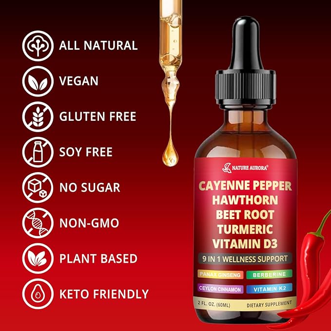 9 in1 Cayenne Pepper Liquid Drops - Cayenne Pepper Extract Drops Supplement Liquid + Hawthorn Berry, Beetroot, Turmeric, Vitamin K2 & D3 - Digestion, Immune and Circulation Support - 2 Fl Oz