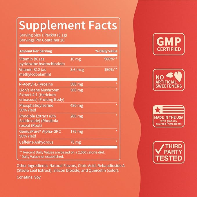 Nello Superfocus Mojito with Caffeine– Nootropic Focus Drink Mix, 20 On-The-Go Packets, Alpha GPC, Lion’s Mane, Rhodiola, Sugar-Free