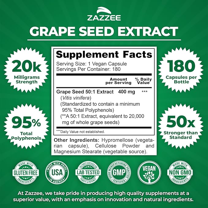 Zazzee High Strength Grape Seed 50:1 Extract, 180 Vegan Capsules, 95% Polyphenols, 400 mg per Capsule, 6 Month Supply, Standardized and Concentrated 50X Extract, Non-GMO, Made in The USA