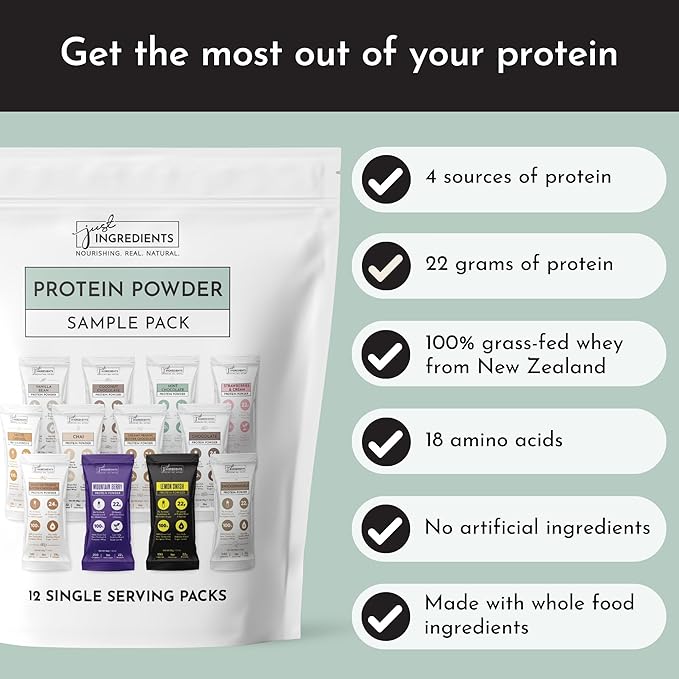 Protein Powder Made with 100% Grass Fed, Non Denatured Whey | Four Different Protein Sources from Organic Whole Food Ingredients | 12 Servings | 22g Protein (12 Servings, Sample Variety Pack)
