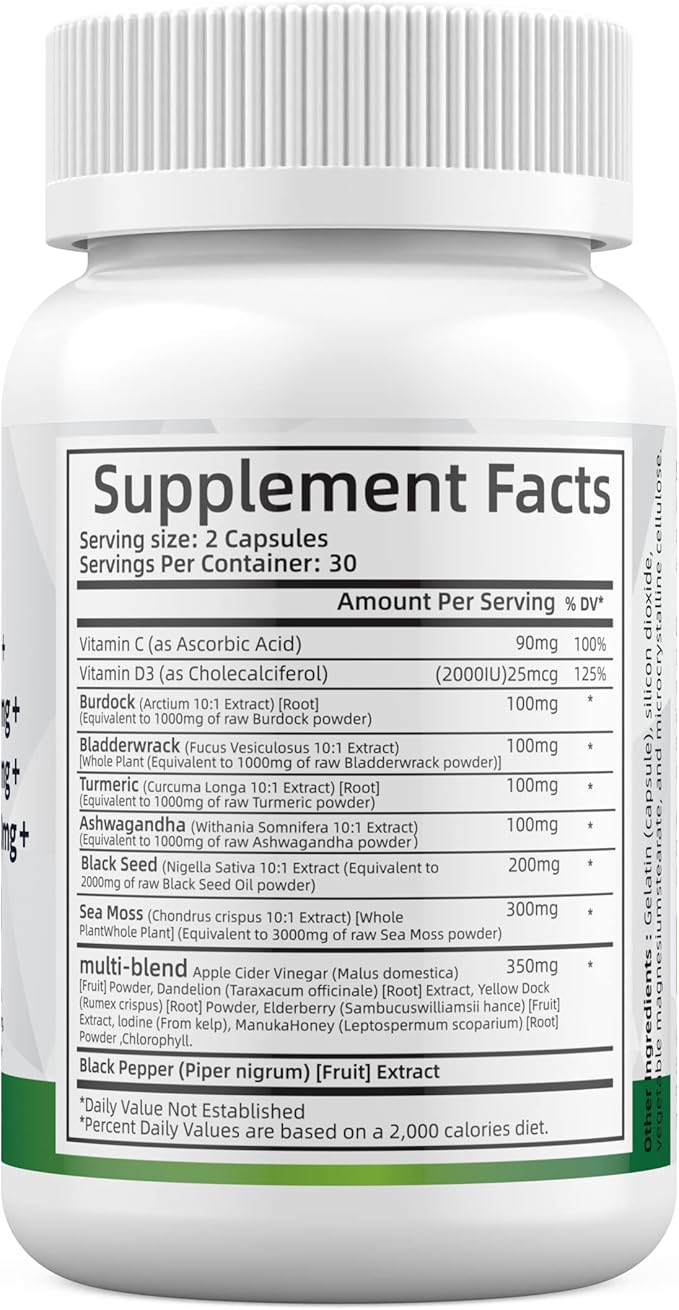 Super Sea Moss Blend - Advanced Formula with Ashwagandha KSM 66, Black Seed Oil, Burdock Root, Bladderwrack, Turmeric, ACV, Ayurveda - Lab Tested for Maximum Potency for Men and Women (2 Bottles)