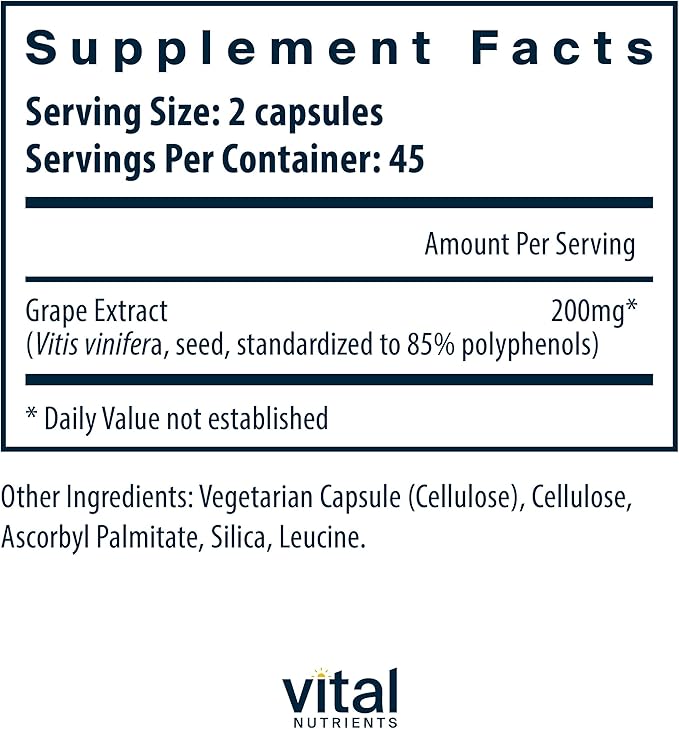 Vital Nutrients Grape Seed Extract 100mg | Potent Antioxidant and Support for Circulation, Capillary, and Vein Health | Gluten, Dairy, Soy Free | Non-GMO | 90 Capsules
