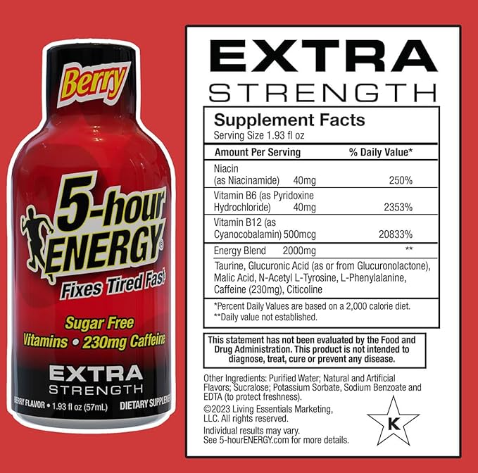 5-hour ENERGY Extra Strength Berry Energy Shot 1.93oz, 20-Pack – Sugar Free Caffeine Energy Booster with B-Vitamins & Amino Acids – Zero Calorie