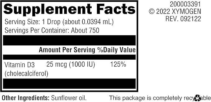 XYMOGEN D3 Liquid - Liquid Vitamin D Drops with Vitamin D3 to Support Immune Health, Bone + Heart Health - 1000 IU VIT D per Drop - Micro-Emulsified for Enhanced Absorption (1 fl oz)