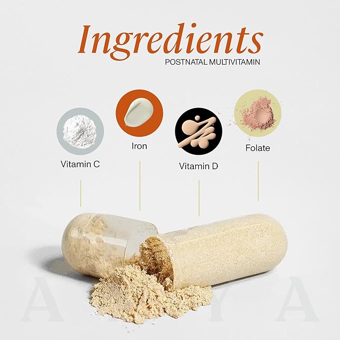 ANYA Postpartum Multivitamin, Postnatal Vitamin for Women Breastfeeding, 30 Capsules - Vitamins A, C, D3, Zinc, B12, Biotin, Folate and Iron - 100% Vegan, Non-GMO, Gluten Free, Baby Shower Gifts