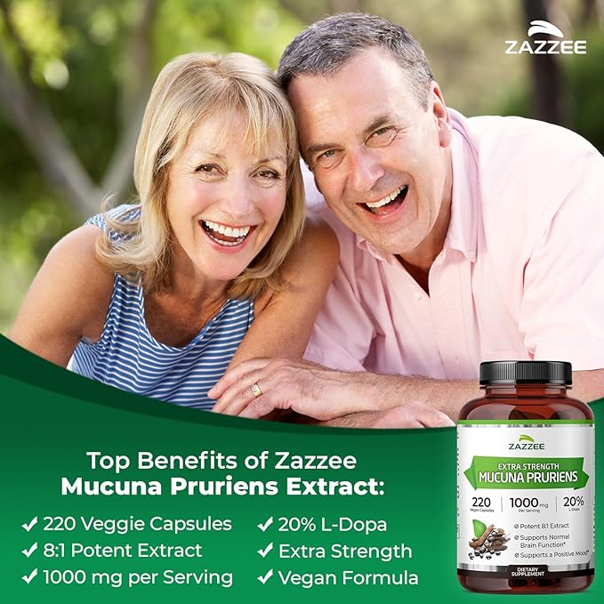 Zazzee Extra Strength Mucuna Pruriens 8:1 Extract, Minimum 20% L-Dopa, 1000 mg, 220 Vegan Capsules, 110 Day Supply, Concentrated and Standardized 8X Extract, 100% Vegetarian, All-Natural and Non-GMO