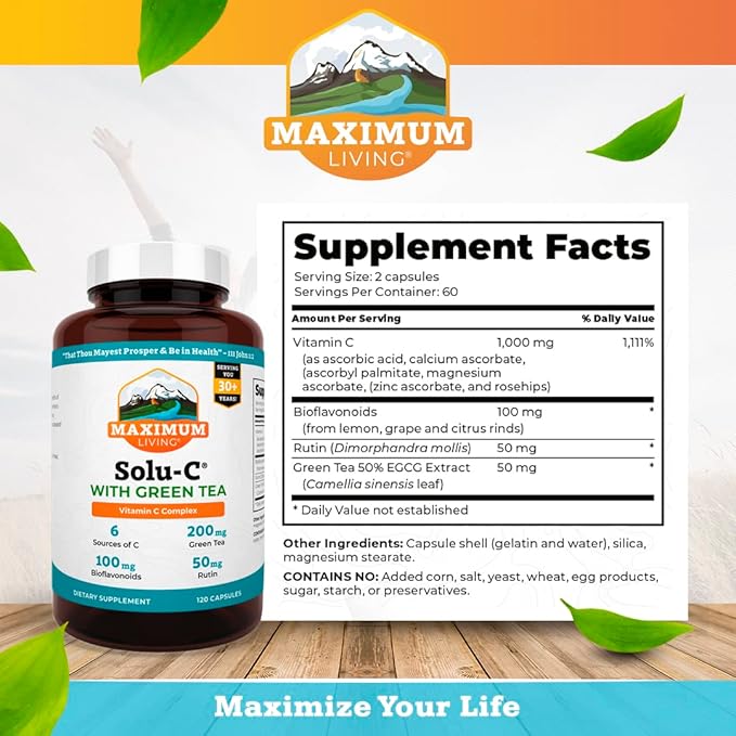 Maximum Living Solu-C with Green Tea - Vitamin C with Bioflavonoids and Rutin - Immune Support -120 Capsules