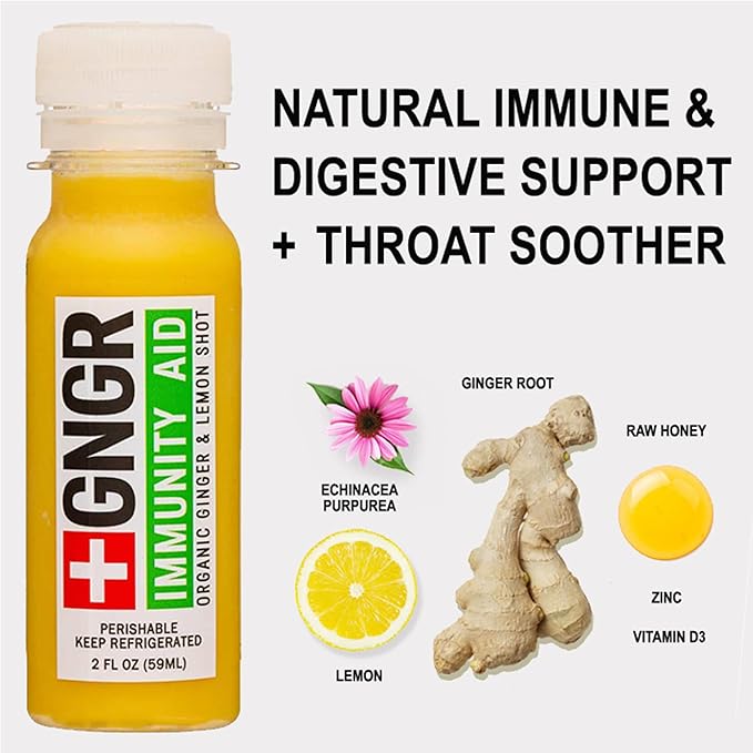 +GNGR Immunity Aid Organic Ginger, Lemon & Honey Shot - Cold Pressed Ginger Shots with Echinacea, Lemon Juice, Honey, Zinc & Vitamin D3, Immune & Digestive Support 2 fl oz (Pack of 12)
