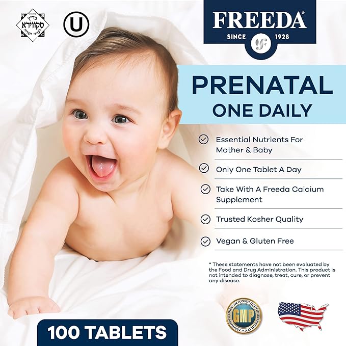 FREEDA Prenatal Vitamin - Kosher Prenatals - Prenatal Vitamins with Iron, Prenatal Folic Acid, Choline, Vitamin D - One Daily Pre Natal Multivitamin Support for Pregnant & Lactating Women (100)